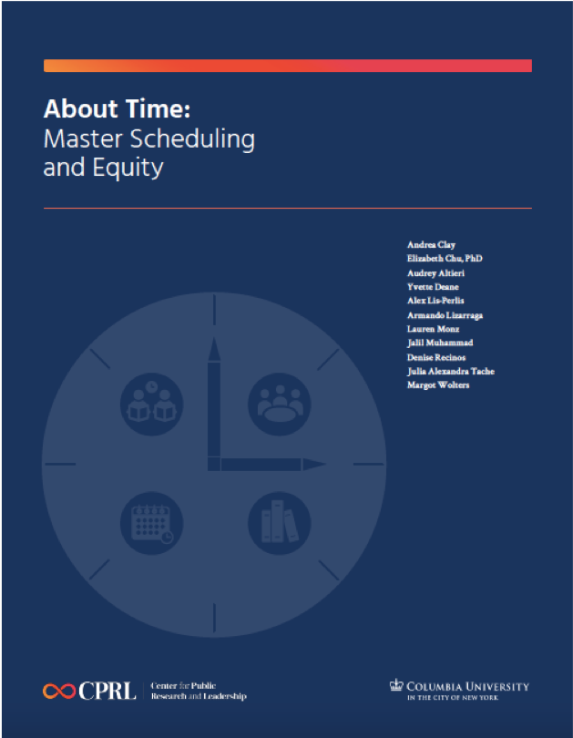 Cover of the CPRL report "About Time: Master Scheduling and Equity." The cover is dark blue with the title and a white image of a clock. 