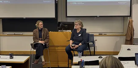 CEI Executive Director of School Transformation Virginia Connolly talks with members of the Tech-Powered Family Partnership Accelerator about CEI's work with families in the Bronx. 
