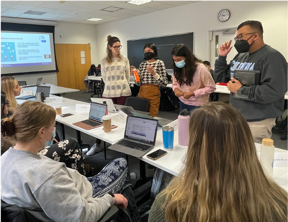 Students presenting to a small group of students who are seated during a Skills small group activity