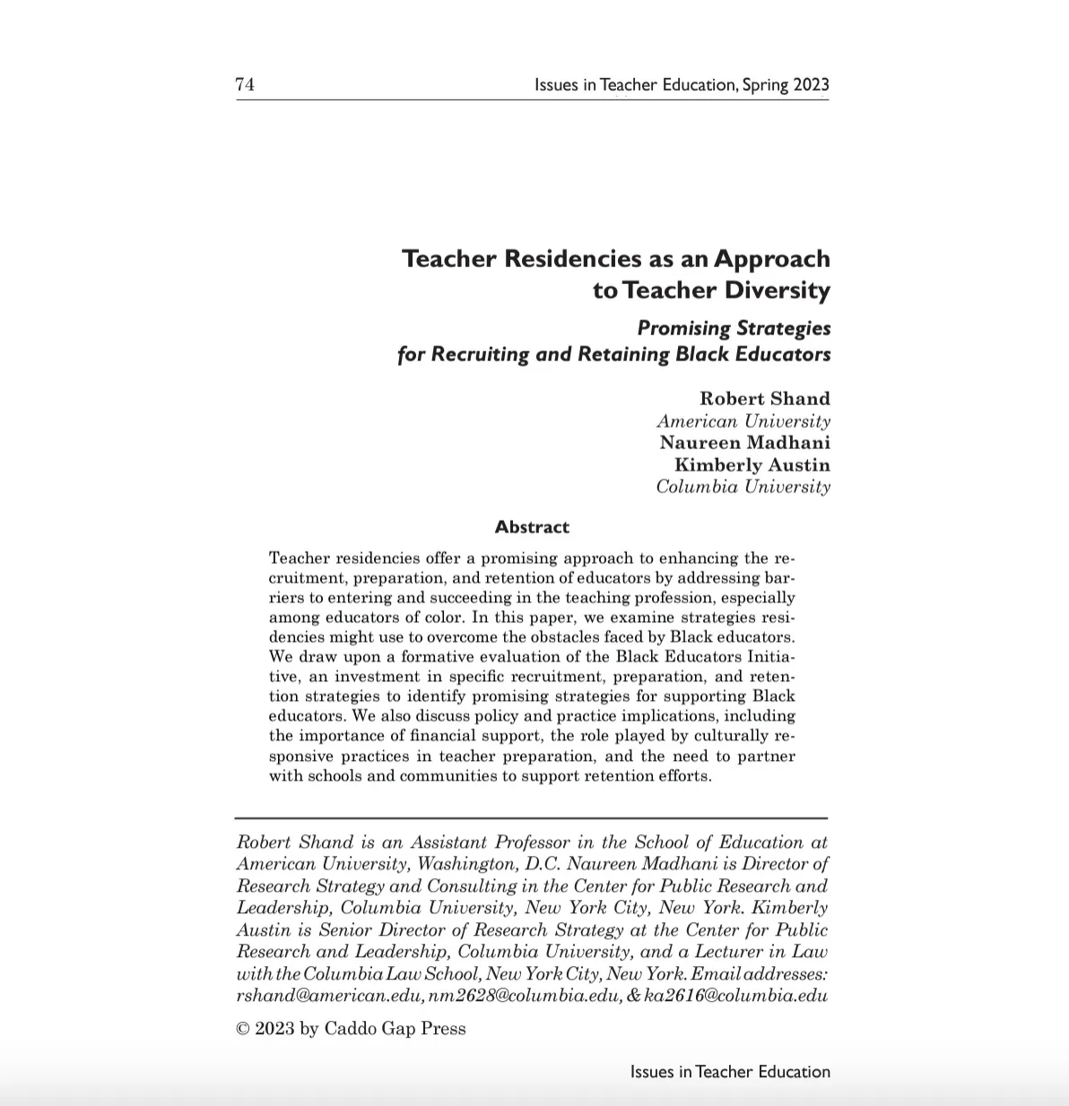 First page of journal article on teacher diversity and retention