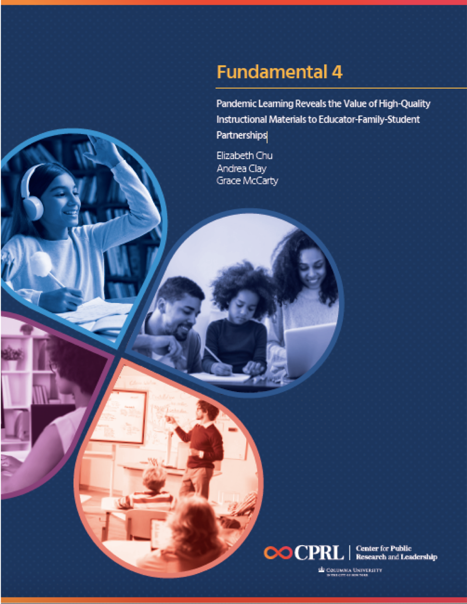 Cover for the Fundamental 4, which features a dark blue background, report title, and images from in-person and report schooling.