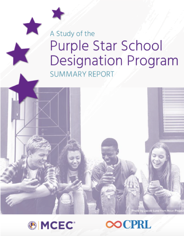 Cover of CPRL's report on the Purple Star School Designation Program. The cover features the title "Purple Star School Designation Program" in purple surrounded by three purple stars and high-school aged students at the bottom of the cover.