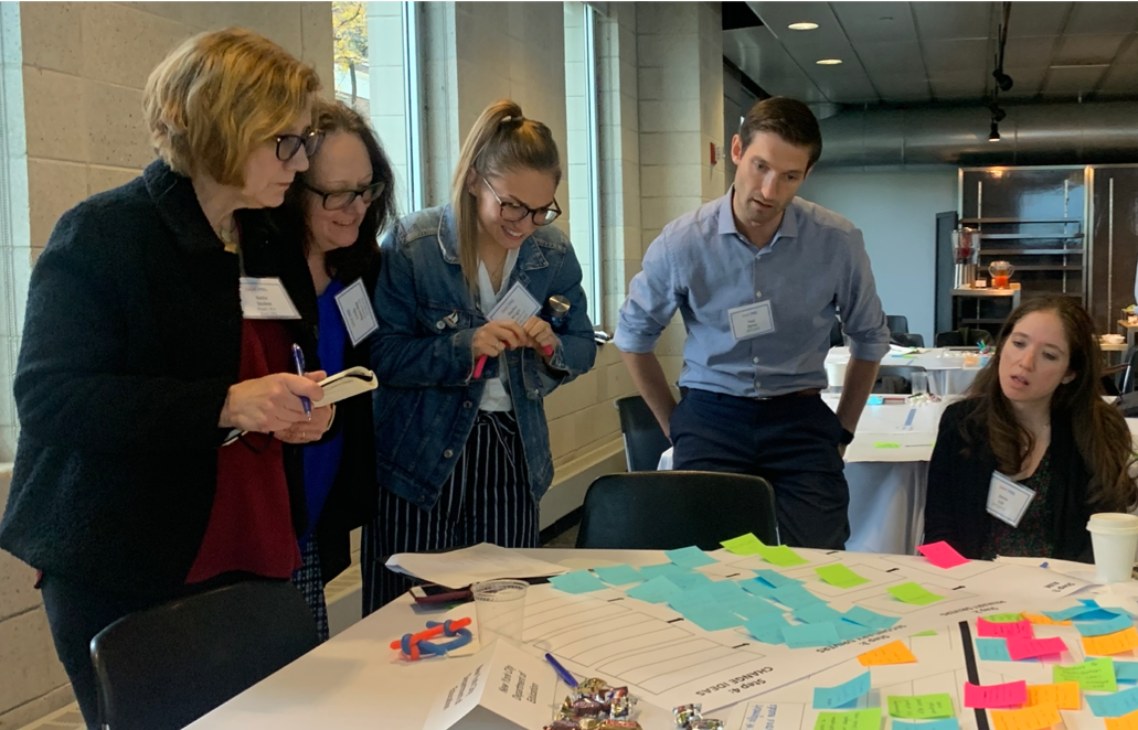 Participants at a CPRL Institute standing around a table discussing information on a chart with post-its