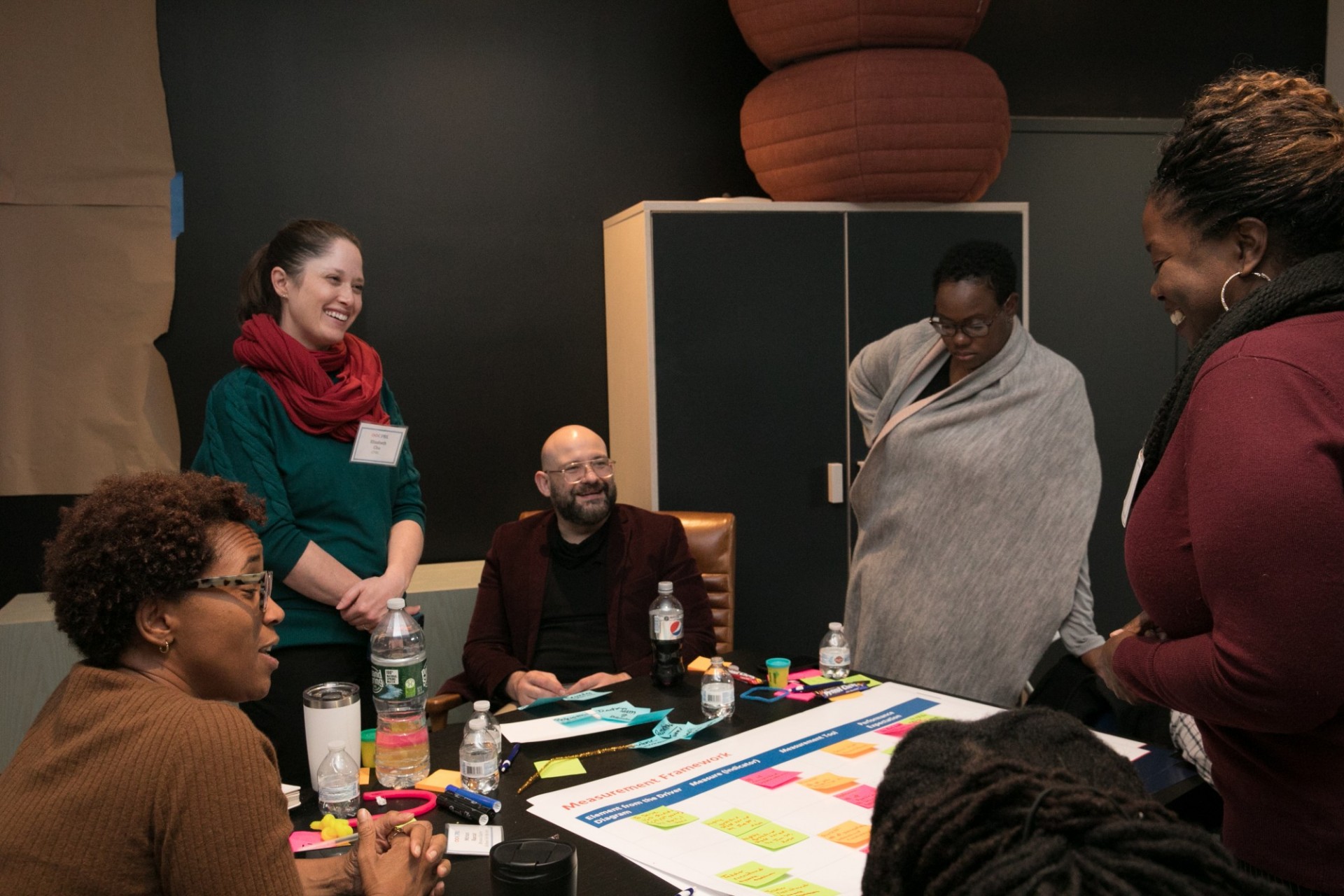 Five adults sitting and standing around a chart paper with sticky notes