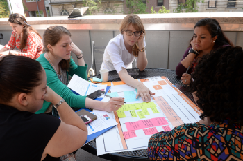 CPRL project team of five interacting with a colorful chart