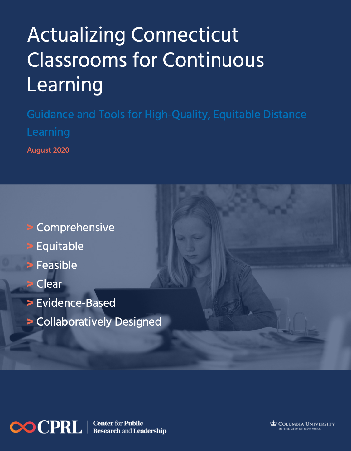 Actualizing Connecticut Classrooms for Continuous Learning girl sitting at laptop on report cover