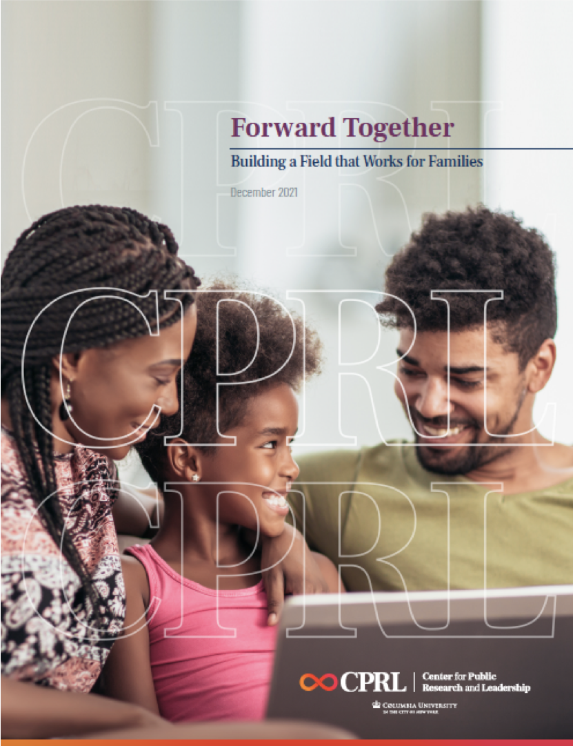 Photo from CPRL's report "Forward Together," which features a mother, father, and elementary-school aged child seated in front of a laptop.