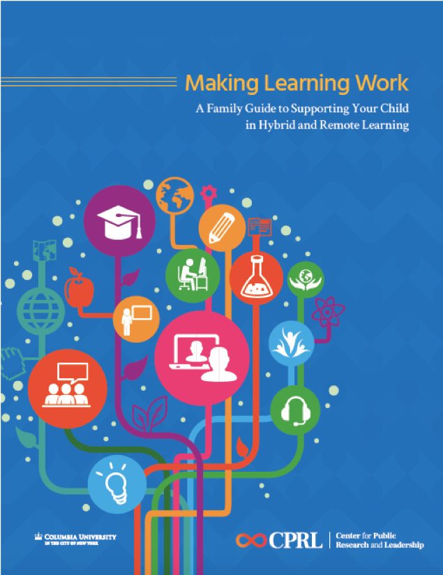 Cover of Making Learning Work Introduction. Blue background with a graphic tree and images related to distance learning such as a laptop and headphones  