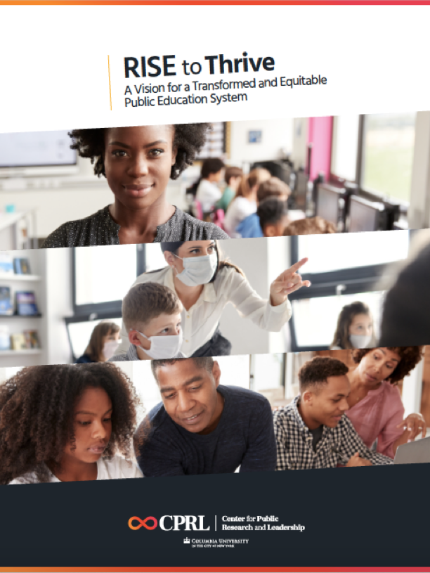 Cover of RISE to Thrive publication featuring a woman standing before students at desktop computers; a second woman directing a child to look into the horizon, and a mother and father with their son and daughter