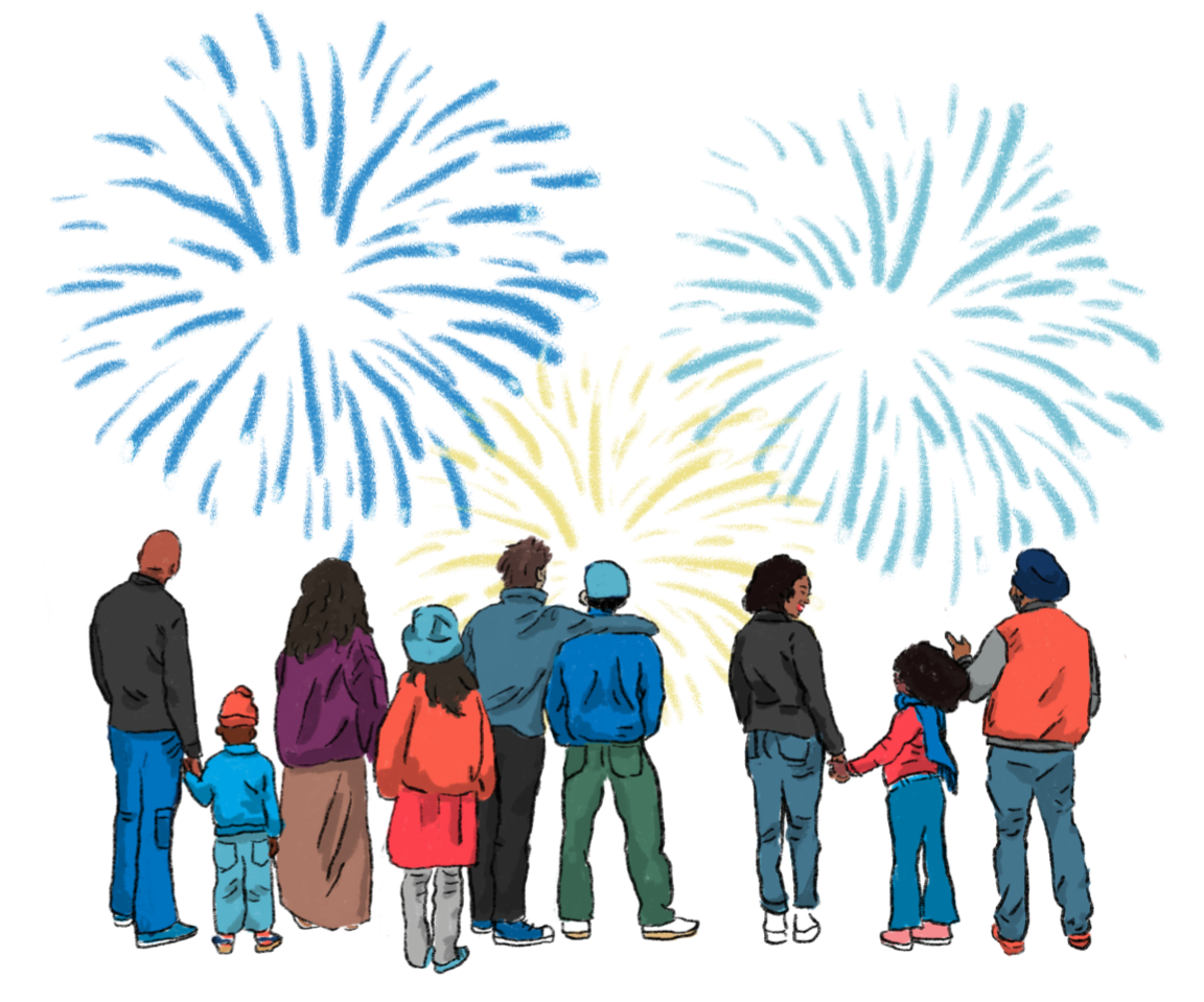 people standing in winter clothes with fireworks overhead. 