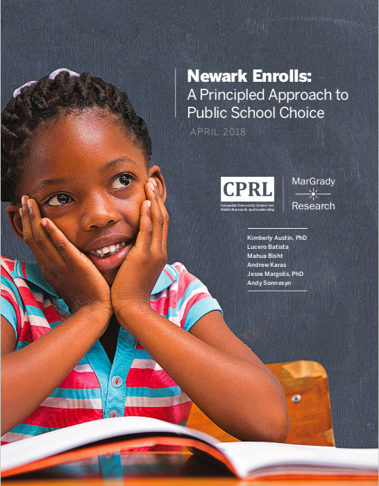 Newark Enrolls: A Principled Approach to Public School Choice Girl looking at camera on cover of Newark report